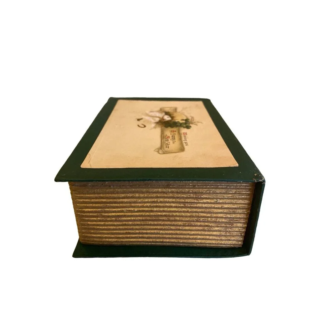 Vintage Merry Christmas Happy New Year‎ Faux Book Box Green Gold Sparkle